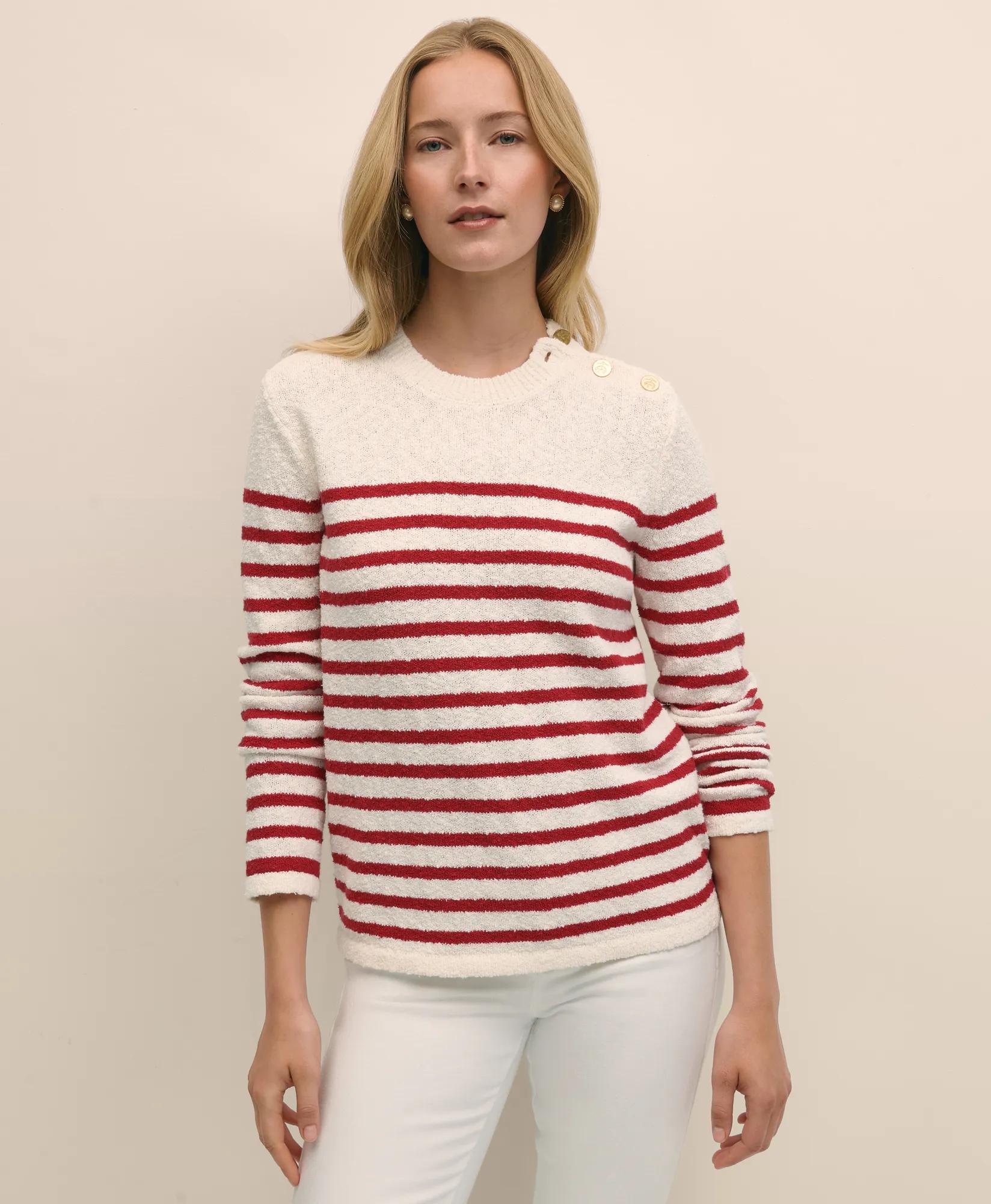 Mariner Stripe Buttoned-Shoulder Sweater in Cotton