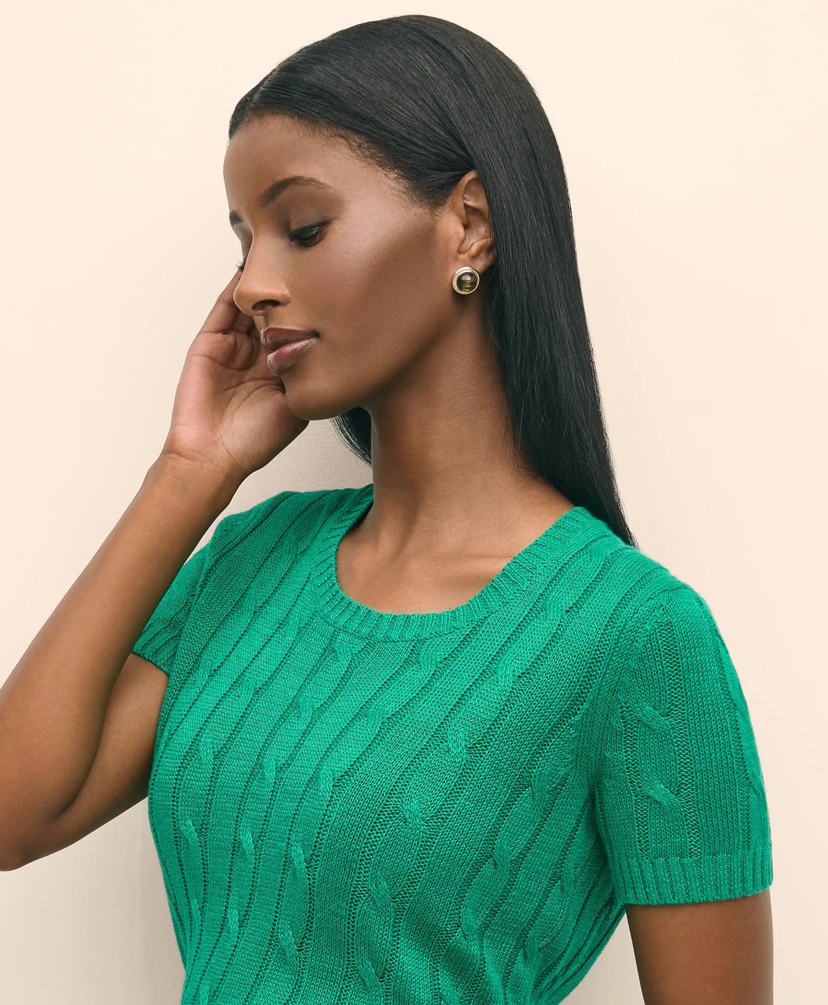 Linen Cable Short-Sleeve Shell Sweater - Green