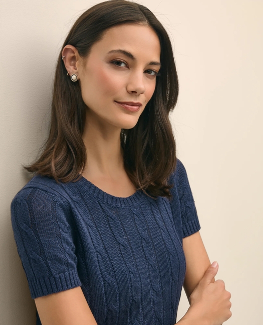 Linen Cable Short-Sleeve Shell Sweater