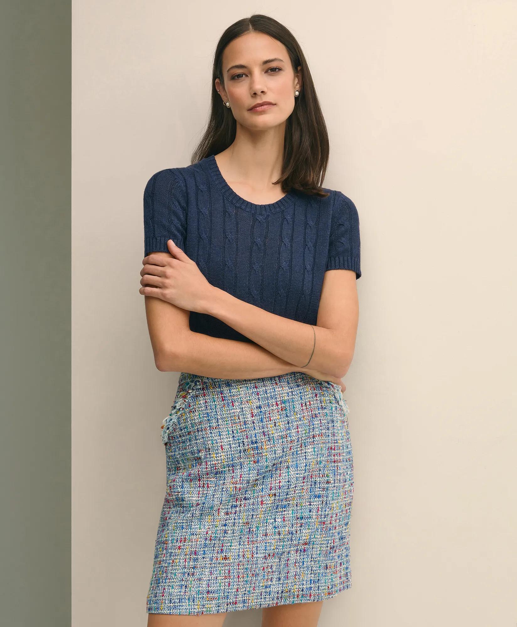Linen Cable Short-Sleeve Shell Sweater - Navy