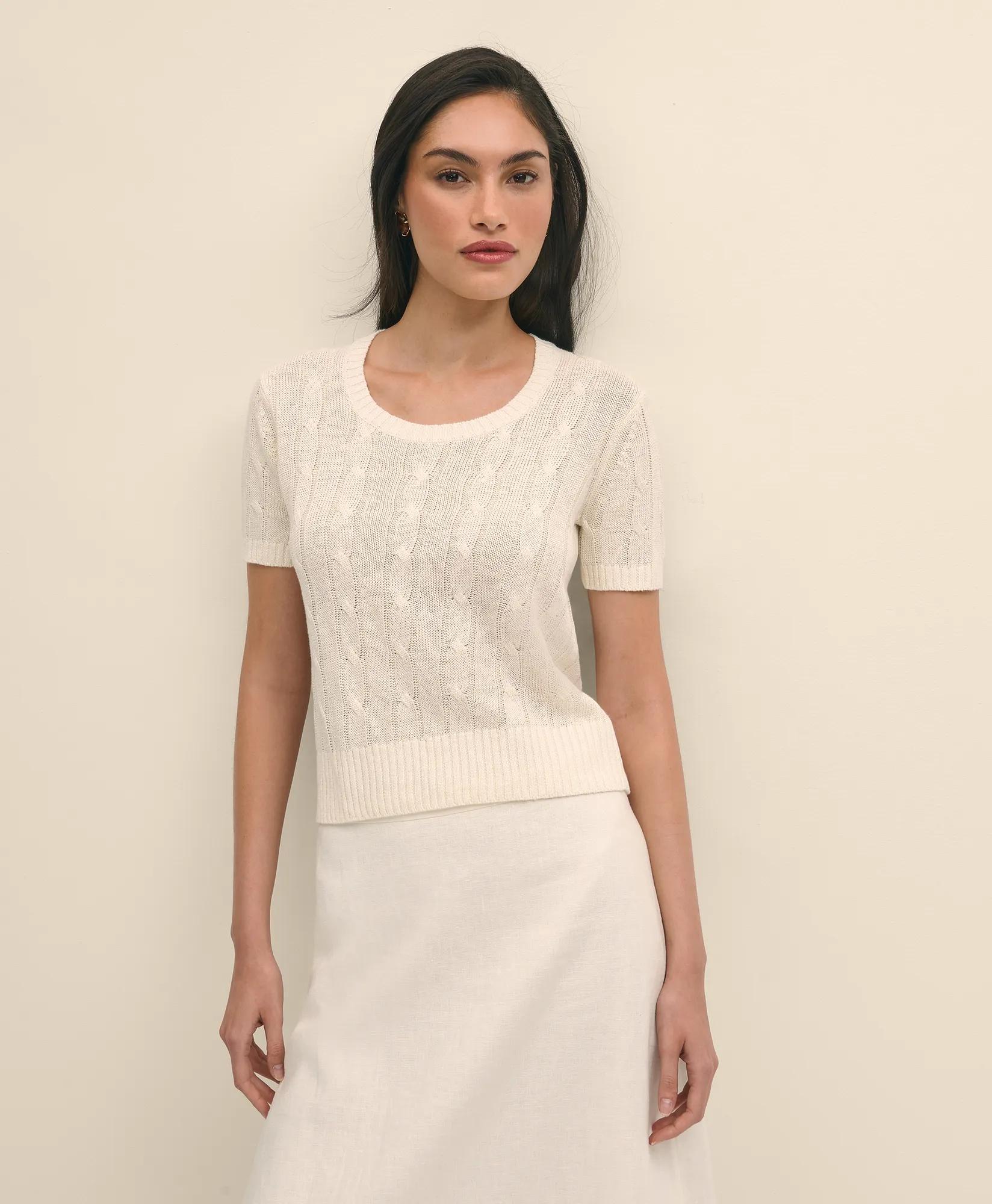 Linen Cable Short-Sleeve Shell Sweater - White