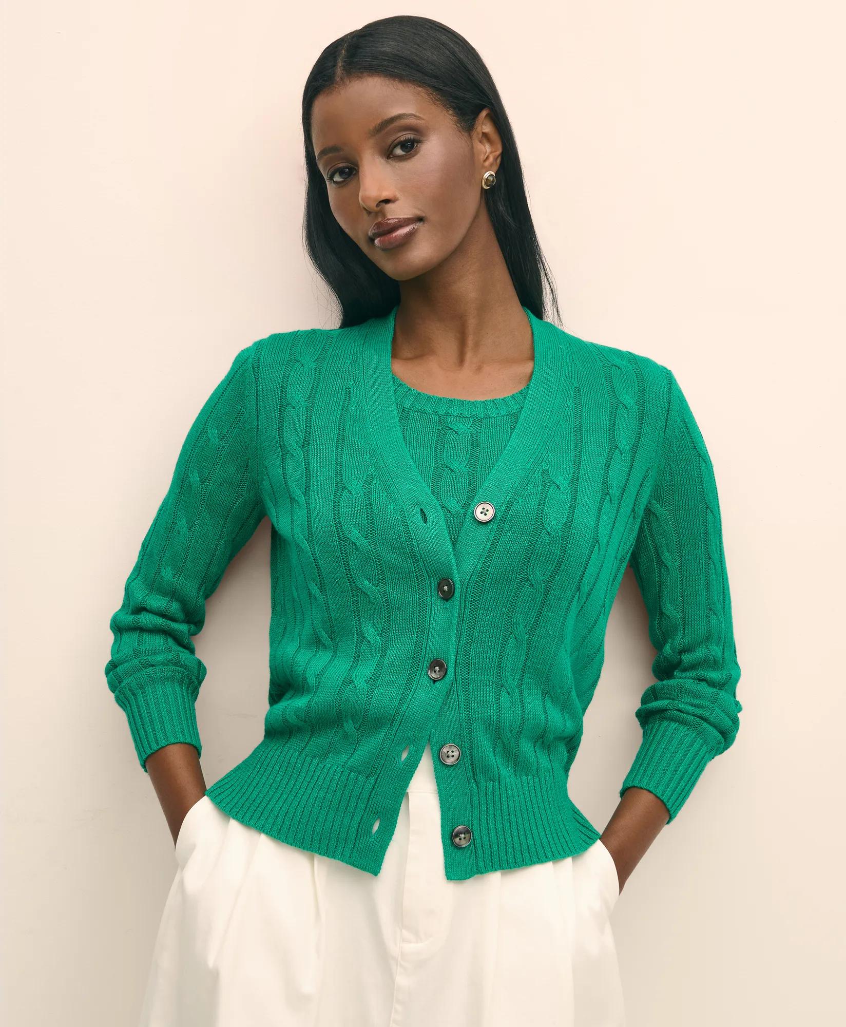Linen Cable V-Neck Cardigan Sweater - Green