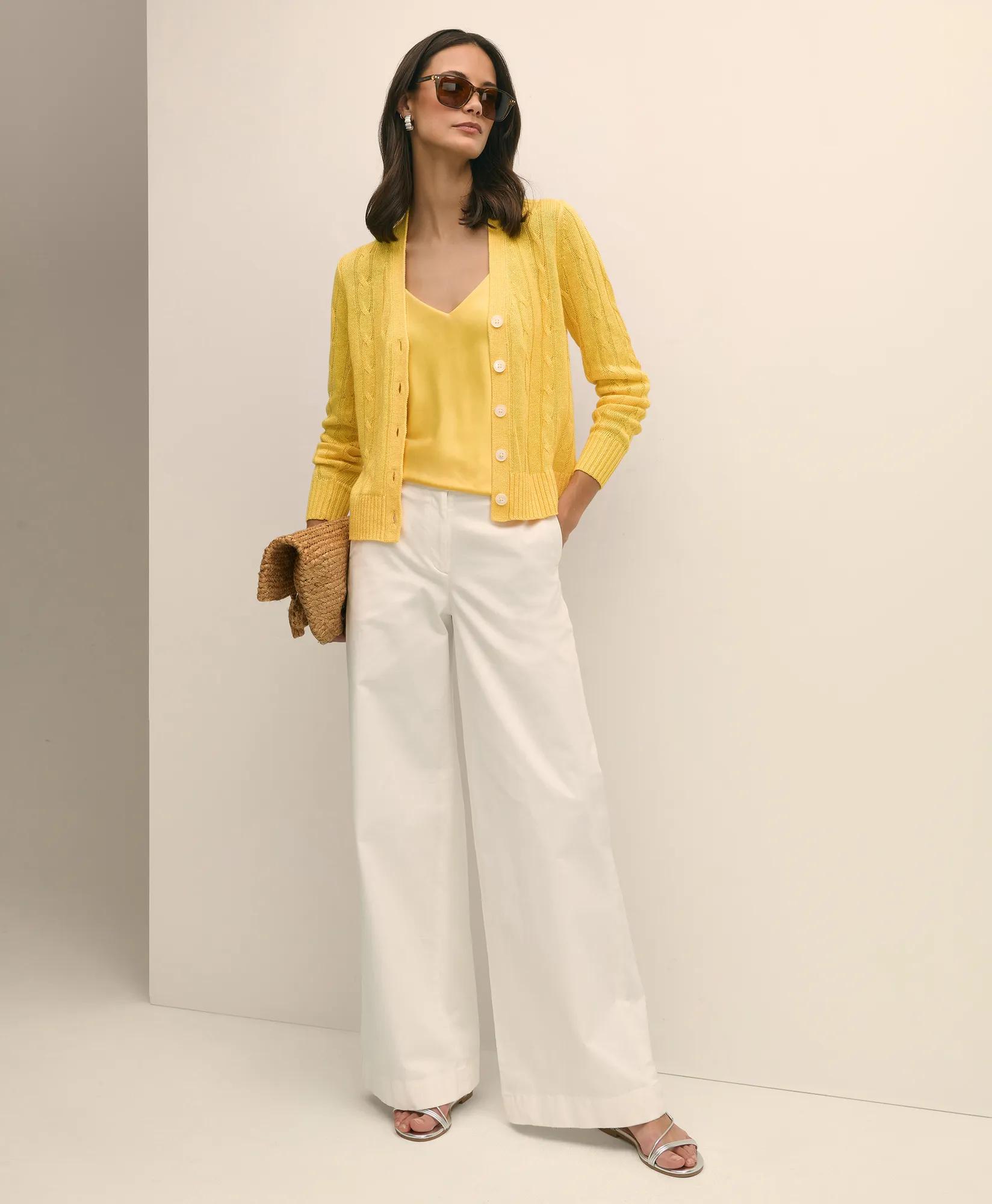 Linen Cable V-Neck Cardigan Sweater