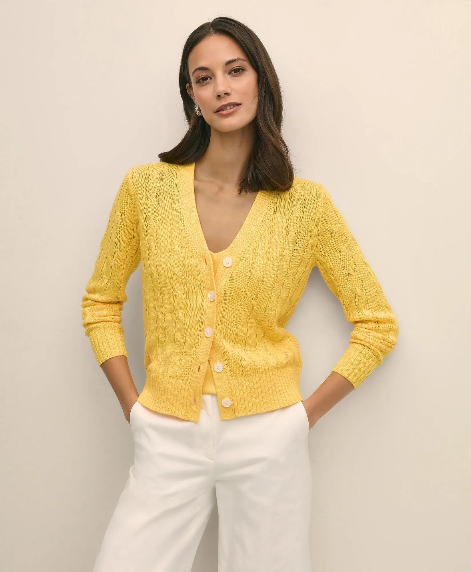 Linen Cable V-Neck Cardigan Sweater