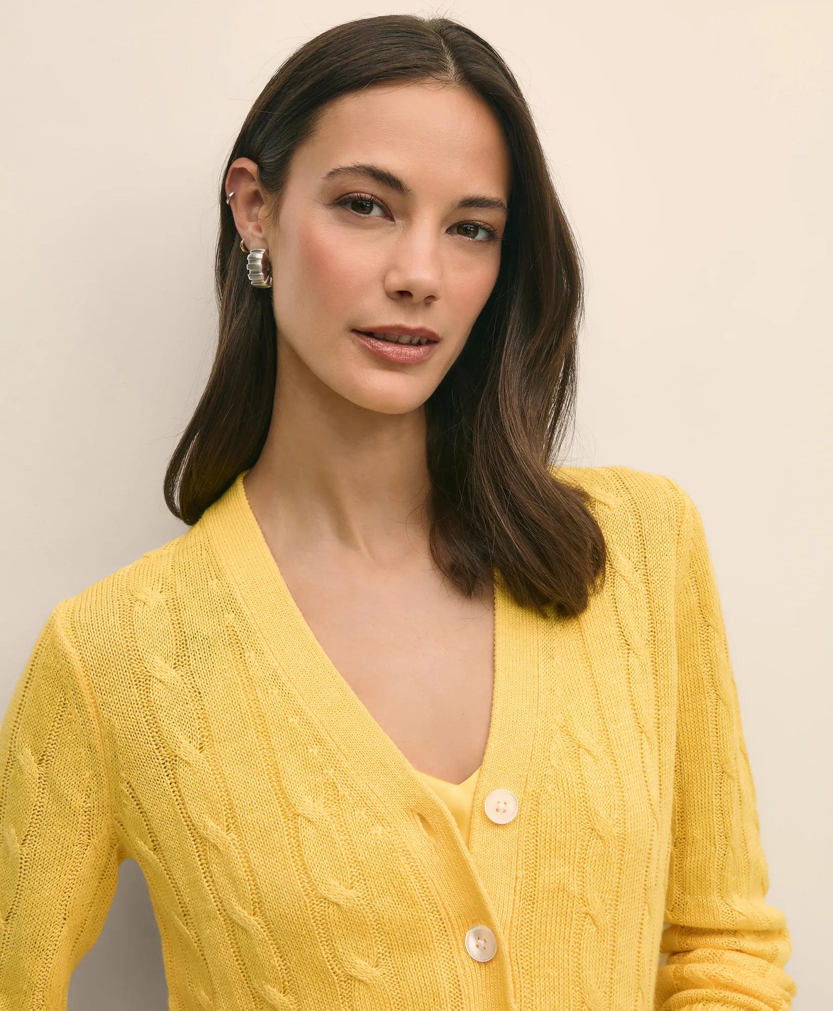 Linen Cable V-Neck Cardigan Sweater