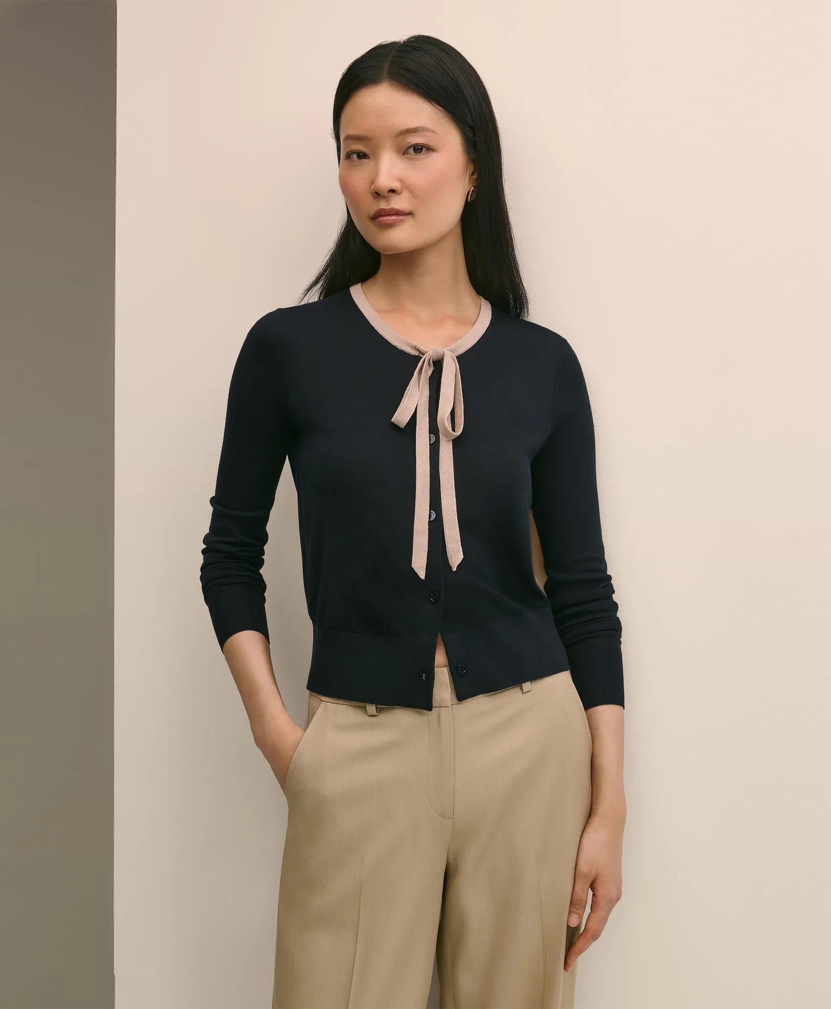 Silk-Blend Tipped Bow-Neck Cardigan Sweater