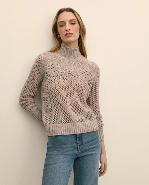 Wool Pointelle Open Knit Mock Neck Sweater