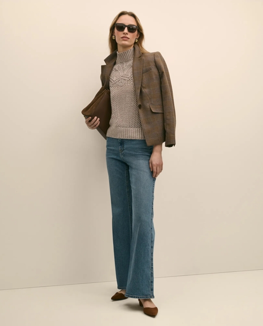 Wool Pointelle Open Knit Mock Neck Sweater