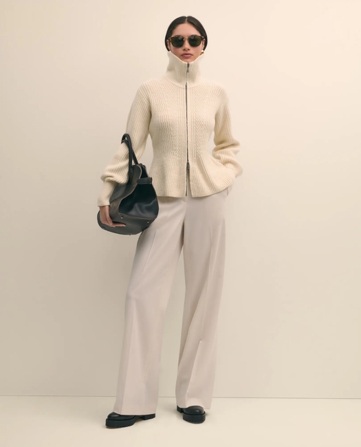 Merino Wool Blend Peplum Zip Cardigan Sweater