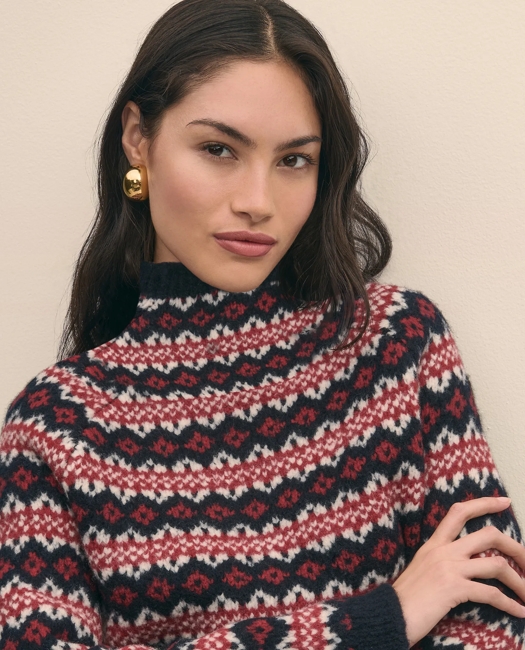 Wool Blend Funnel-Neck Fair Isle Sweater