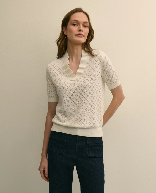 Cotton Viscose Short-Sleeve Ruffle Sweater