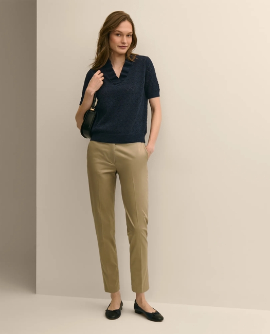 Cotton Viscose Short-Sleeve Ruffle Sweater - Navy