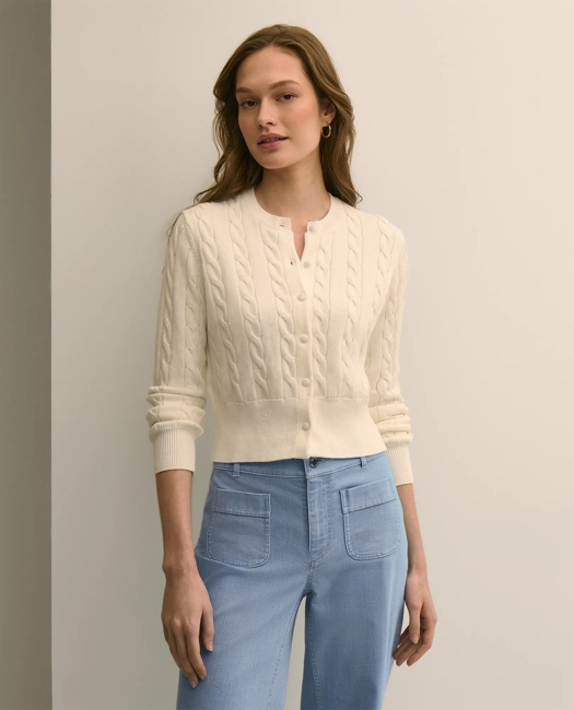 Supima Cotton Twinset Cropped Cable Cardigan Sweater