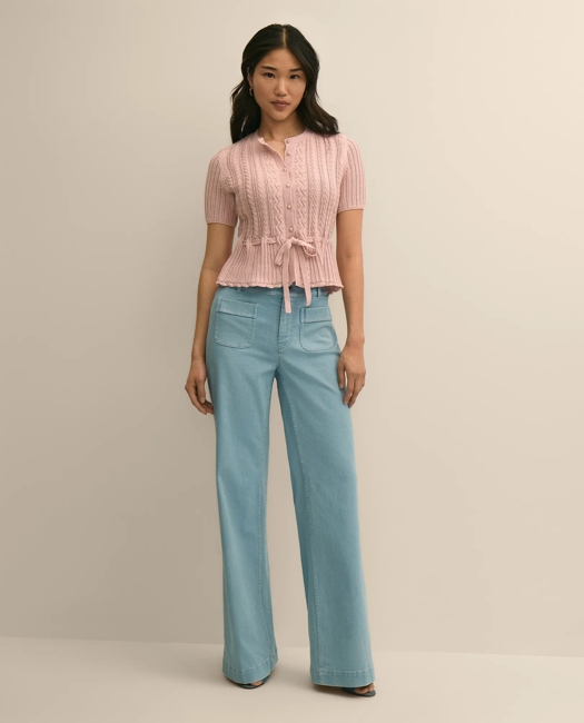 Short-Sleeve Pointelle Peplum Cardigan Sweater - Light Pink