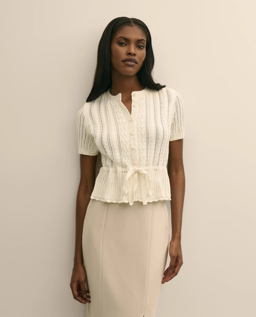 Short-Sleeve Pointelle Peplum Cardigan Sweater