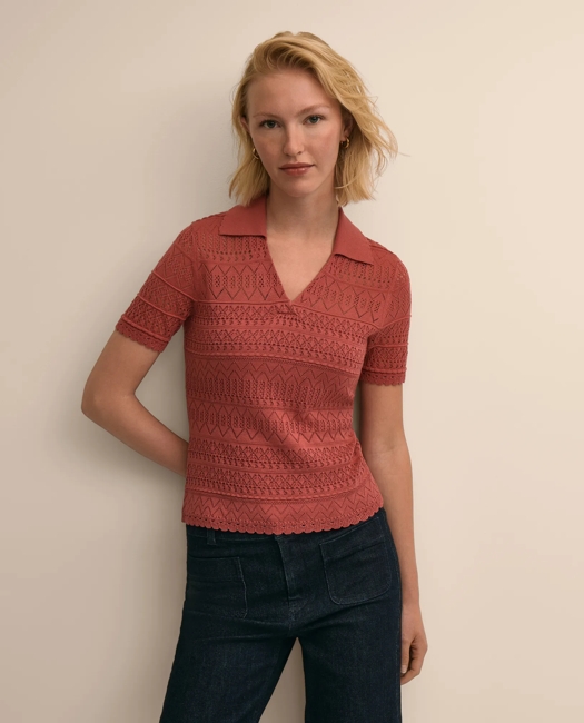 Silk-Cotton Short-Sleeve Johnny Collar Pointelle Sweater