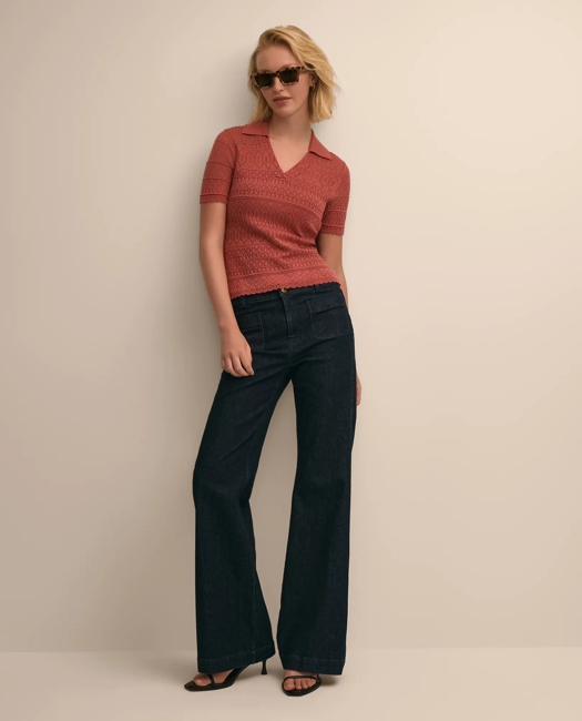 Silk-Cotton Short-Sleeve Johnny Collar Pointelle Sweater