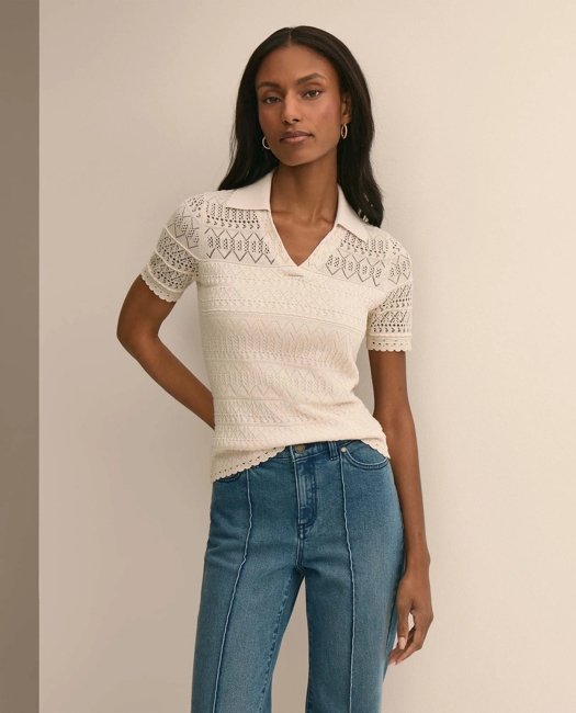 Silk-Cotton Short-Sleeve Johnny Collar Pointelle Sweater - Ivory