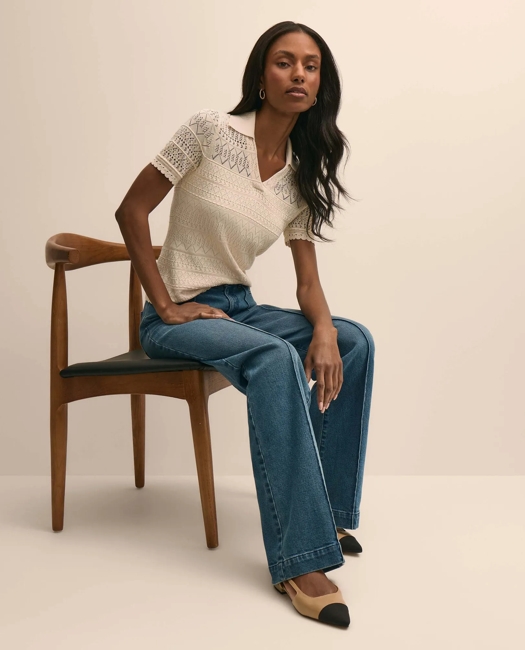 Silk-Cotton Short-Sleeve Johnny Collar Pointelle Sweater - Ivory
