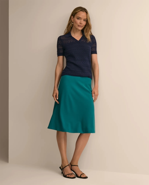 Silk-Cotton Short-Sleeve Johnny Collar Pointelle Sweater - Navy
