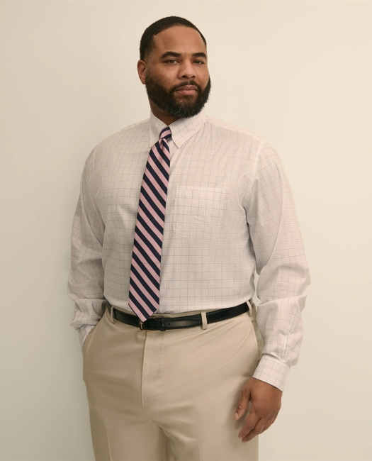 Big & Tall Stretch Cotton Non-Iron Pinpoint Oxford Polo Button Down, Windowpane Dress Shirt