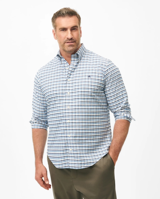 Big & Tall Stretch Cotton Non-Iron Oxford Polo Button Down Collar, Double Check Shirt