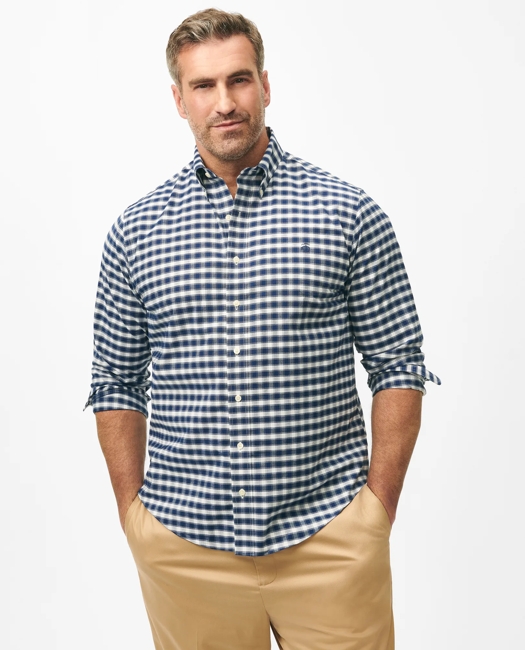 Big & Tall Stretch Cotton Non-Iron Oxford Polo Button Down Collar, Outline Check Shirt