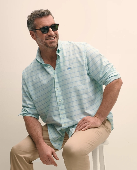 Big & Tall Stretch Cotton Non-Iron Oxford Polo Button Down Collar, Windowpane Shirt