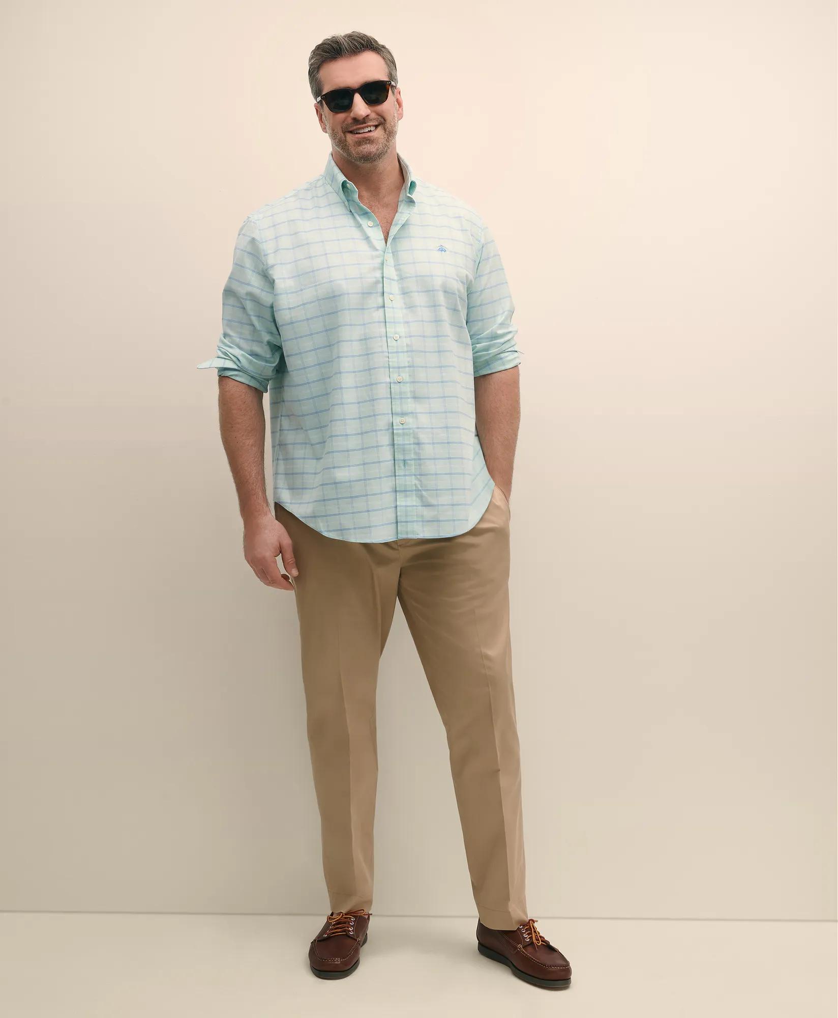 Big & Tall Stretch Cotton Non-Iron Oxford Polo Button Down Collar, Windowpane Shirt
