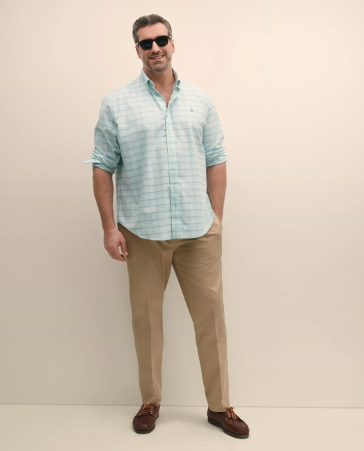 Big & Tall Stretch Cotton Non-Iron Oxford Polo Button Down Collar, Windowpane Shirt