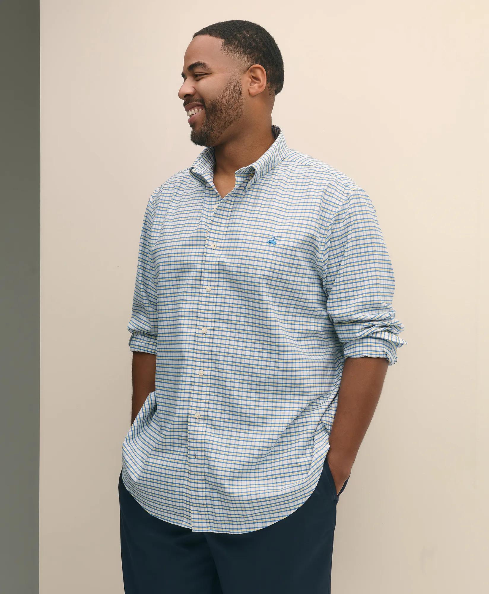 Big & Tall Stretch Cotton Non-Iron Oxford Polo Button Down Collar, Checked Shirt