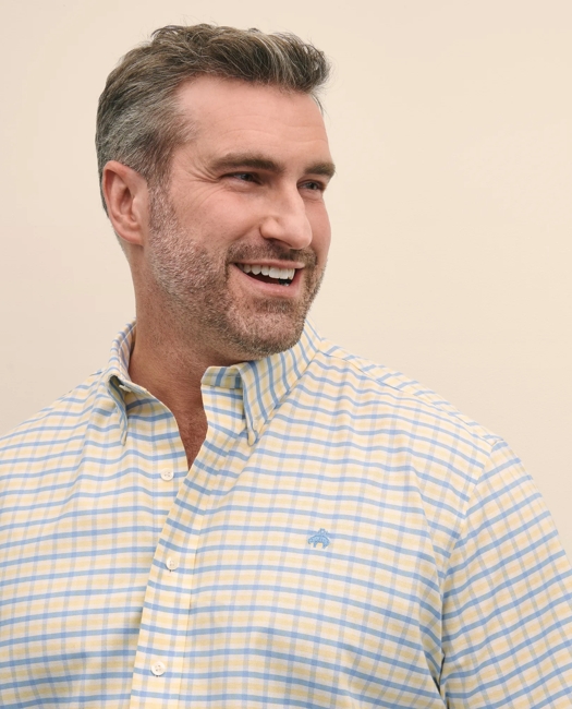 Big & Tall Stretch Cotton Non-Iron Oxford Polo Button Down Collar, Gingham Short-Sleeve Shirt