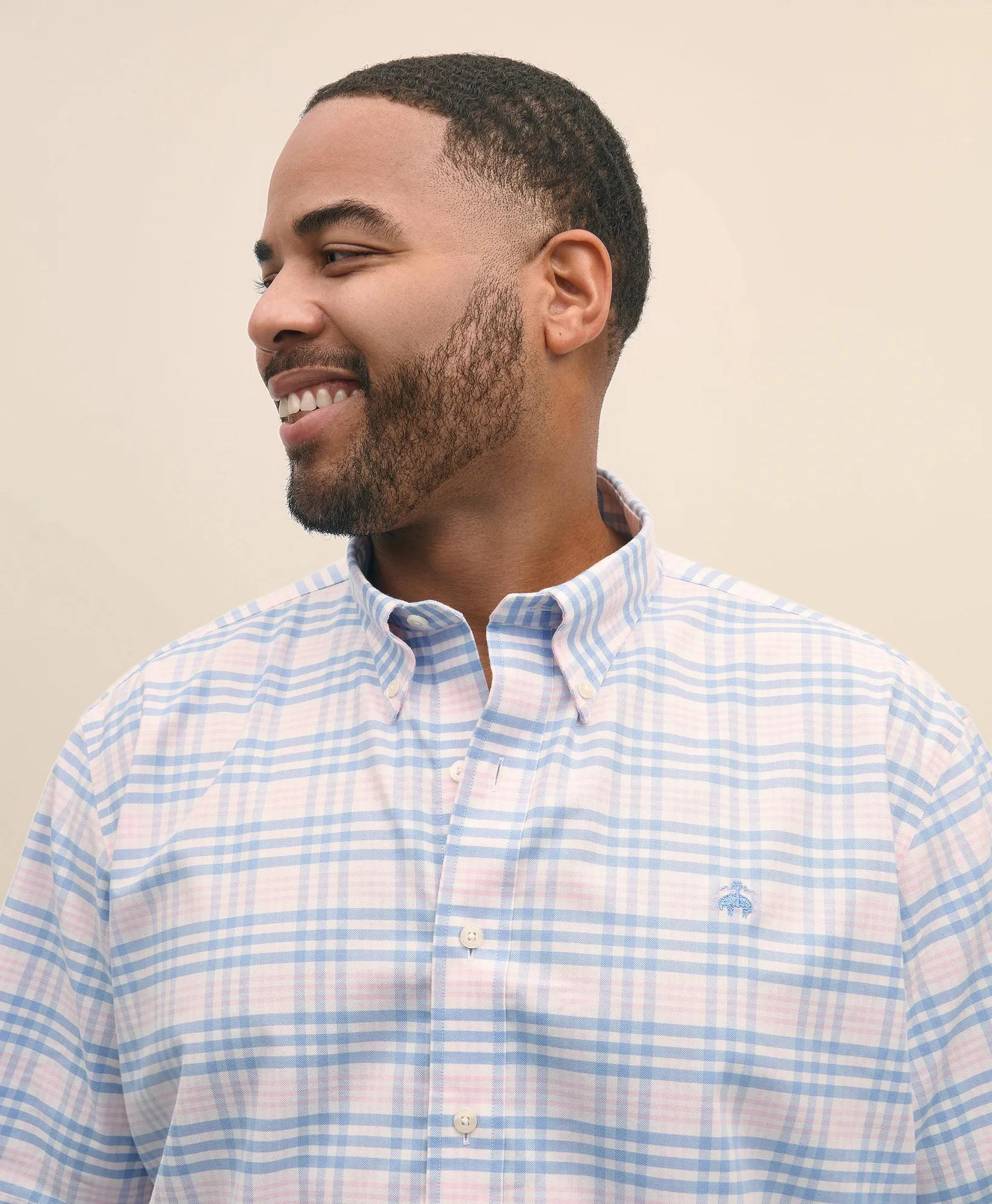 Big & Tall Stretch Cotton Non-Iron Oxford Polo Button Down Collar, Bold Check Short-Sleeve Shirt