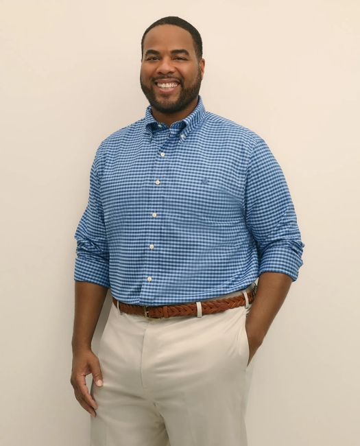 Big & Tall Stretch Cotton Non-Iron Oxford Polo Button Down Collar, Gingham Shirt