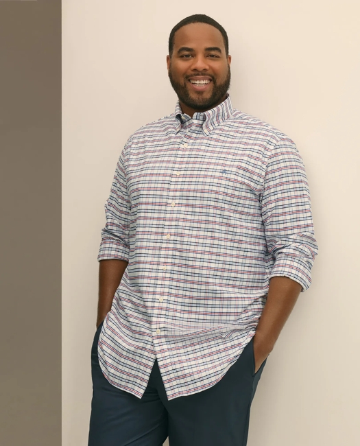 Big & Tall Stretch Cotton Non-Iron Oxford Polo Button Down Collar, Windowpane Shirt
