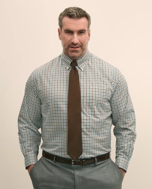Big & Tall Stretch Supima Cotton Non-Iron Twill Polo Button Down, Check Sport Shirt