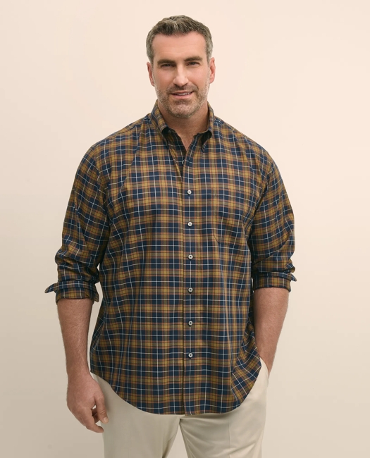 Big & Tall Stretch Supima Cotton Non-Iron Twill Polo Button Down, Plaid Sport Shirt