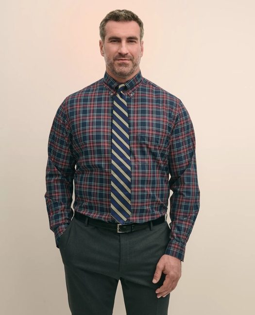 Big & Tall Stretch Cotton Non-Iron Twill Polo Button Down Collar, Tartan Shirt