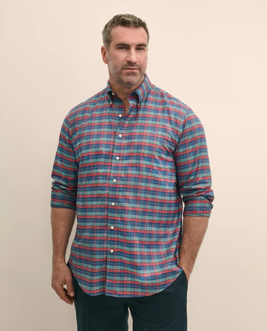 Big & Tall Stretch Cotton Non-Iron Oxford Polo Button Down Collar, Tartan Shirt