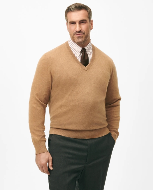 Big & Tall 3-Ply Cashmere V-Neck Sweater - Brown