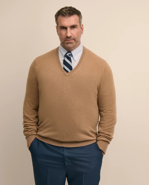 Big & Tall 3-Ply Cashmere V-Neck Sweater - Brown