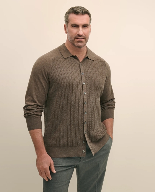 Mini-Cable Knit Polo Cardigan, Big & Tall - Heather Brown