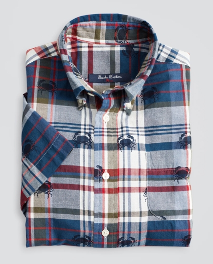 Boys Short-Sleeve Crab Print Madras Sport Shirt, image 1