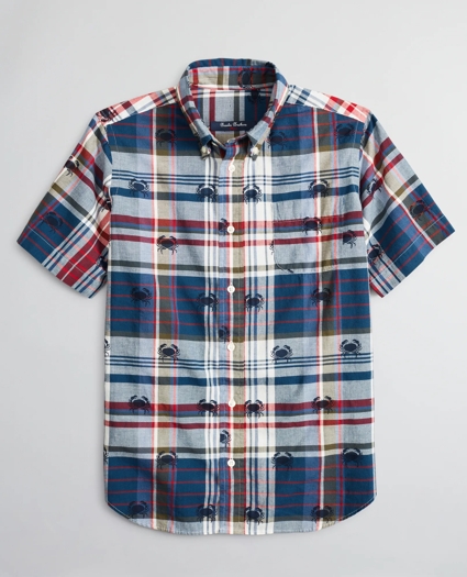 Boys Short-Sleeve Crab Print Madras Sport Shirt, image 2