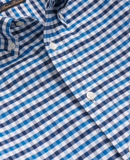 Boys Stretch Cotton Non-Iron Oxford Polo Button Down Collar Gingham Shirt, image 2