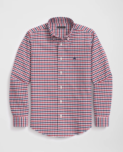 Boys Stretch Cotton Non-Iron Oxford Polo Button Down Collar Gingham Shirt, image 1