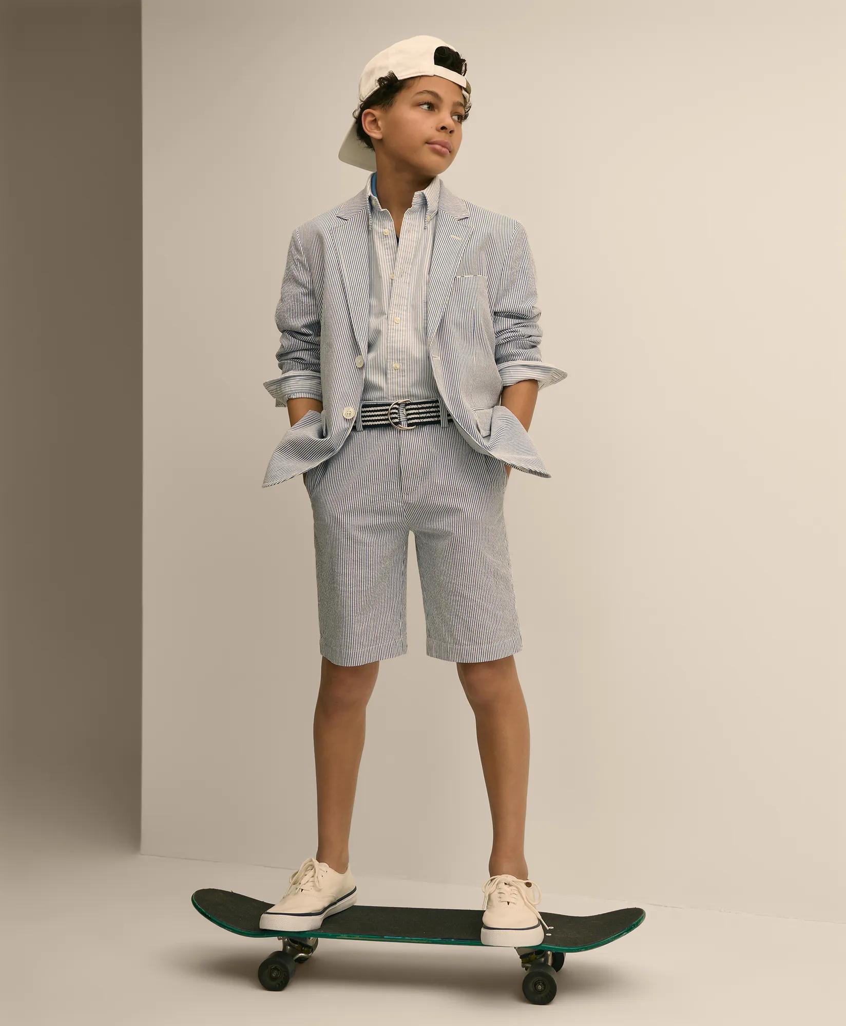 Boys Junior Stretch Cotton Seersucker Suit Jacket, image 1