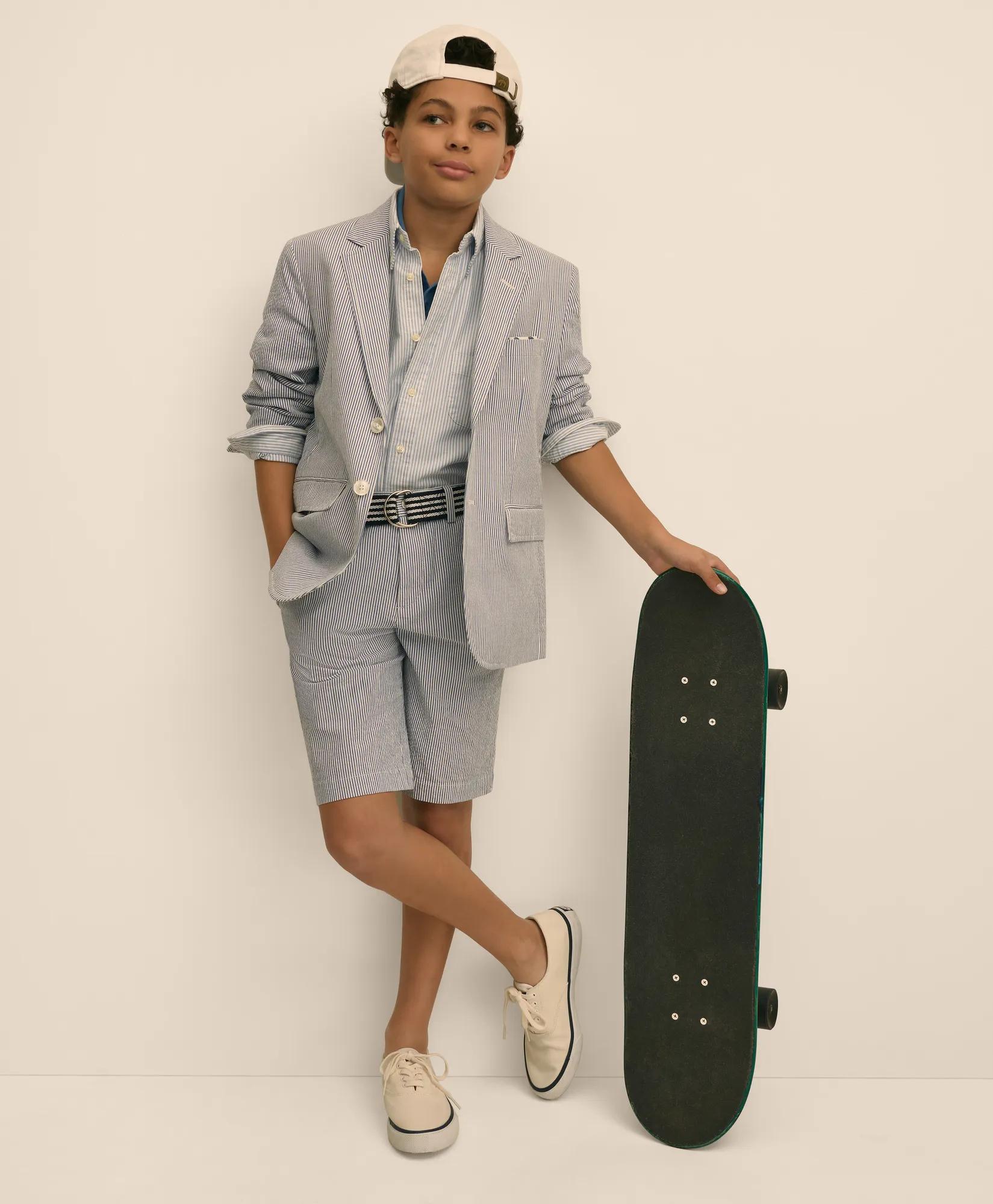 Boys Junior Stretch Cotton Seersucker Suit Jacket, image 2