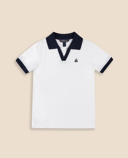 Boys Stretch Cotton Contrast Johnny Collar Pique Polo Shirt, image 1
