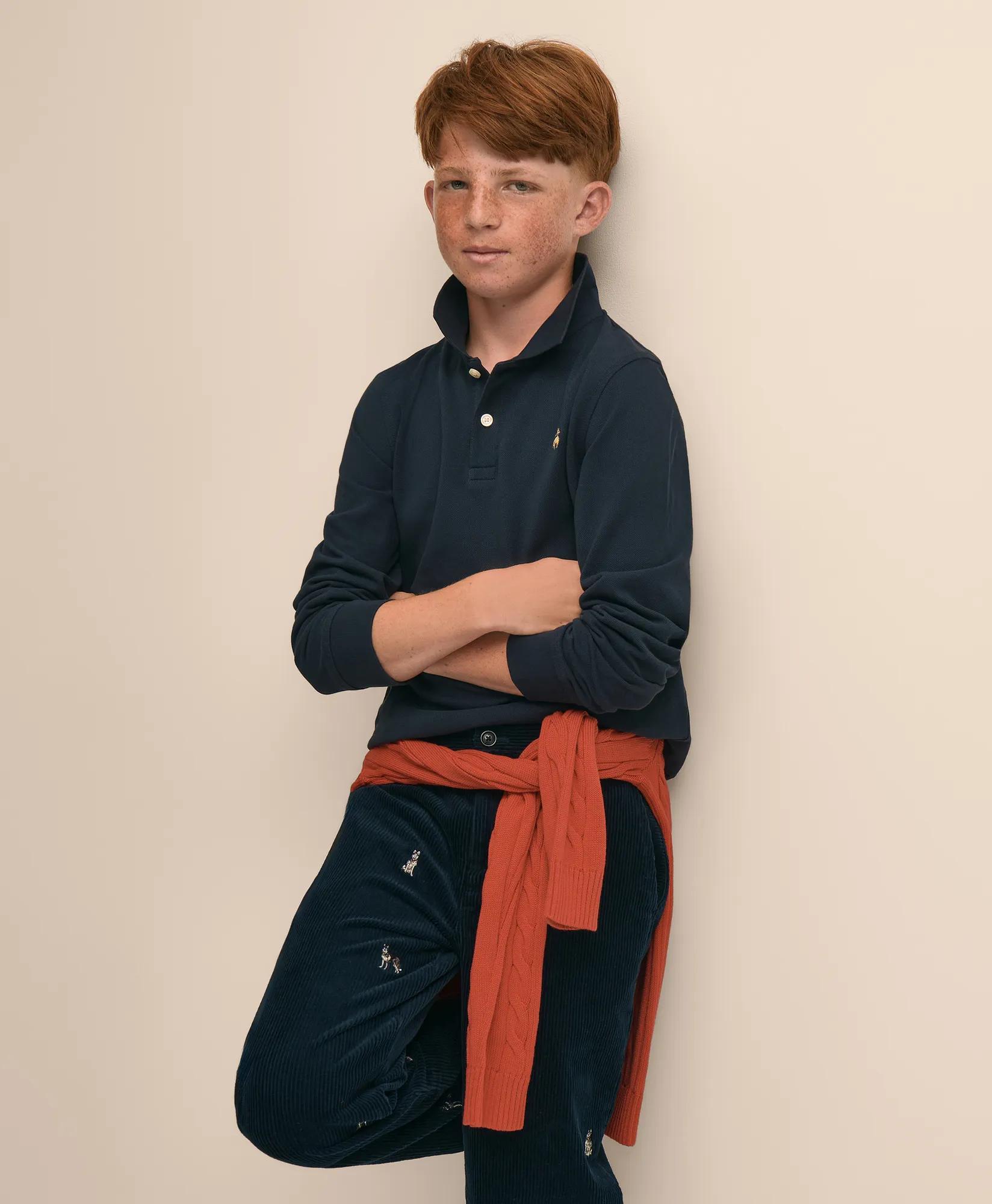 Boys Cotton Long-Sleeve Pique Polo, image 2